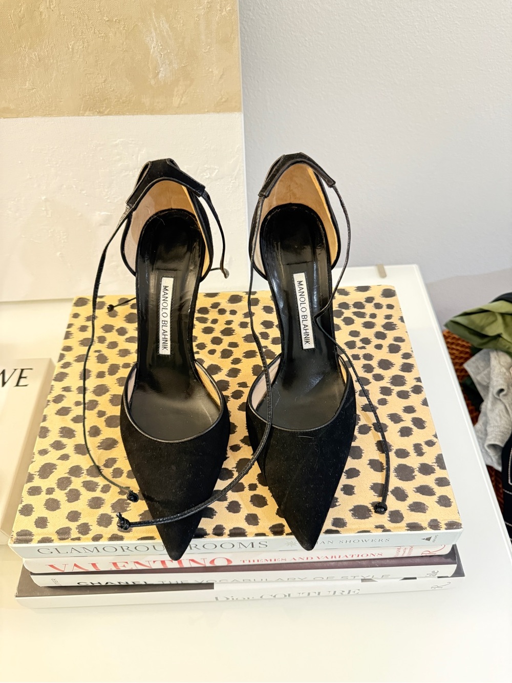 Manolo Blahnik Black Pointed-Toe Ankle Tie Pumps